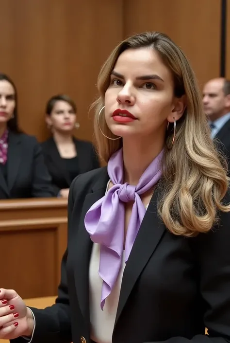  A beautiful girl, because,  she is a very competent and elegant lawyer and is arguing in a court in front of a bald judge and with the 12 people from the jury on the right side of her.  she is impeccably dressed for the occasion with sober colors , With j...