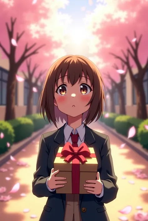 POV shot, boy's perspective, girl looking up nervously, holding gift box, warm atmosphere, sunlight glow, cherry blossoms falling, school courtyard background
