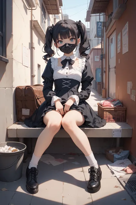  a woman in her twenties,full body,wear a skirt, Upskirt, Wedgie by herself, wear a black mask, show rectangular pubic hair , small breasts, exposure upper body,Gothic Lolita fashion, adult body based on normal anatomical structures , Sitting with legs spr...