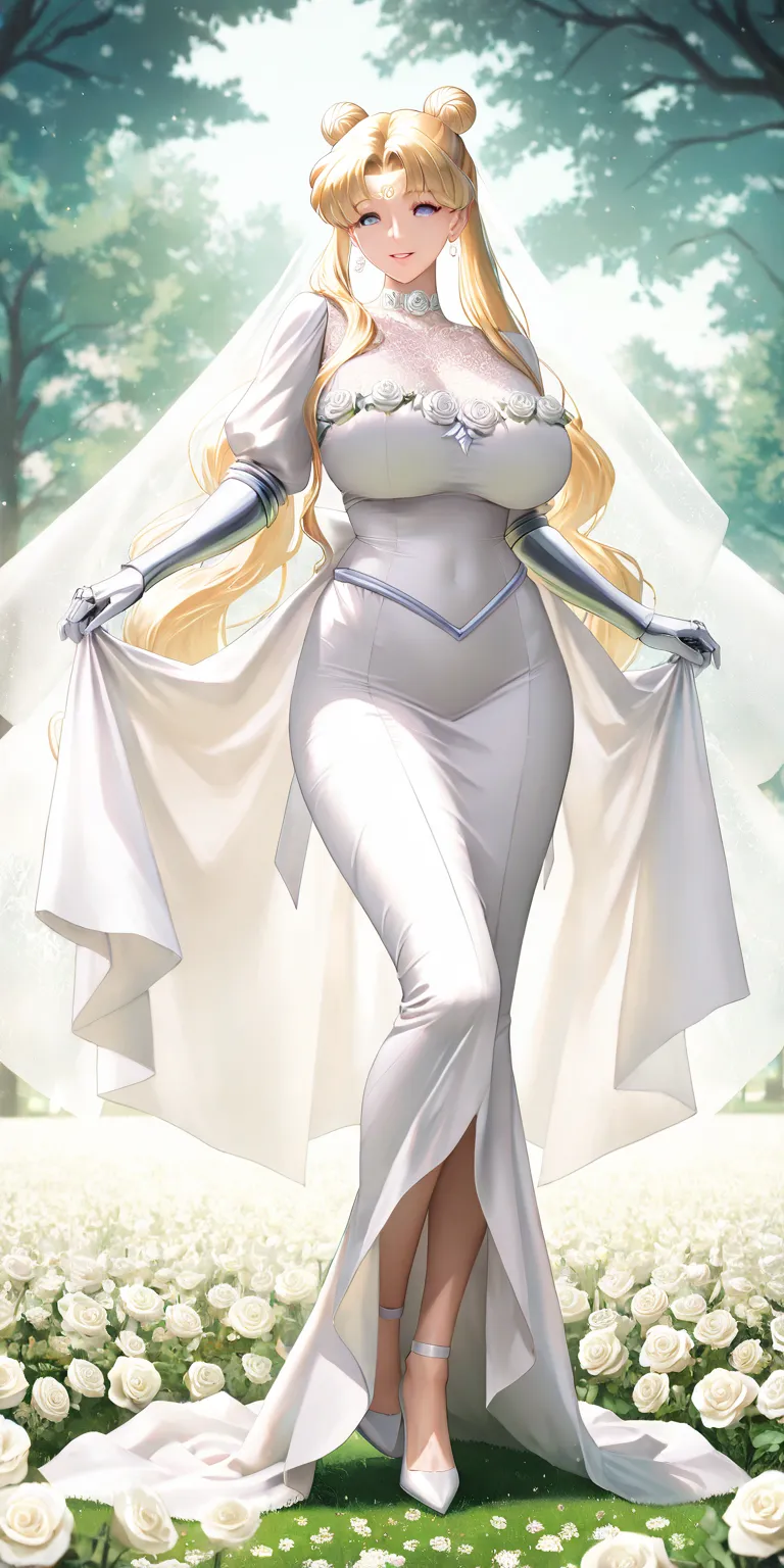 Masterpiece, newest, vibrant, very aesthetic, high contrast, mature woman, usagi tsukino\(sailor moon\), tall , big breast, white princess long dress, white gauntlets, white high heels, full body, parted lips, smile, park (white roses flowers field), best ...