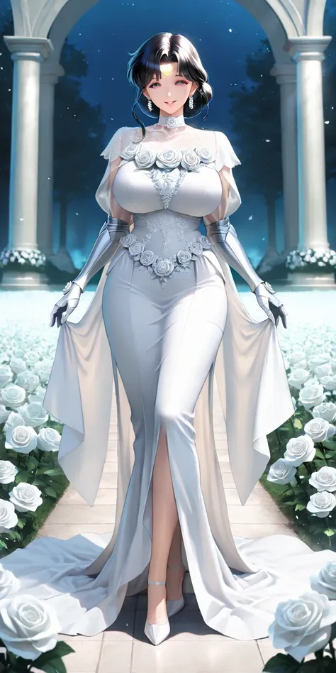 Masterpiece, newest, vibrant, very aesthetic, high contrast, mature woman, usagi tsukino\(sailor moon\), tall , big breast, white princess long dress, white gauntlets, white high heels, full body, parted lips, smile, park (white roses flowers field), best ...