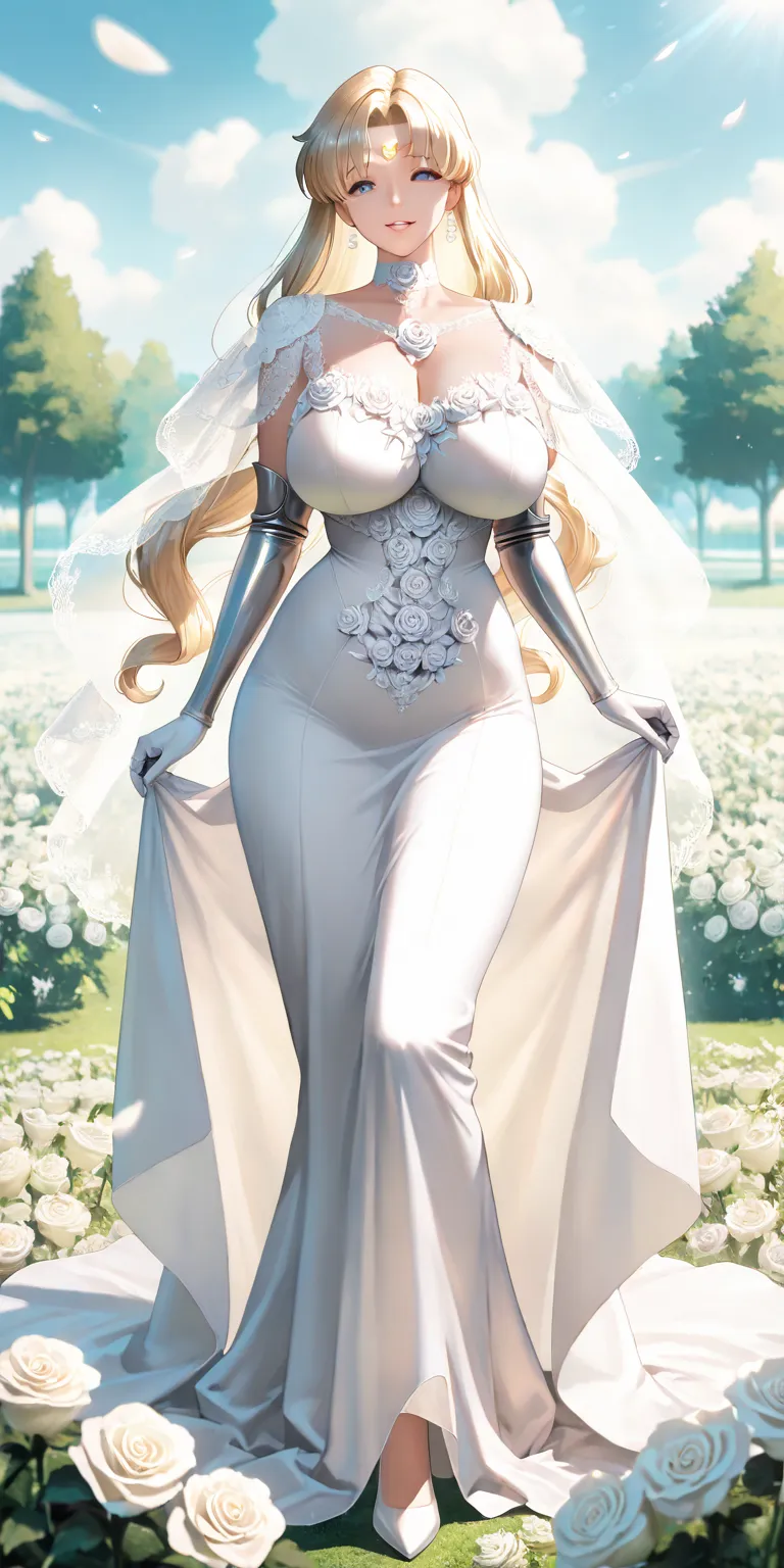 Masterpiece, newest, vibrant, very aesthetic, high contrast, mature woman, usagi tsukino\(sailor moon\), tall , big breast, white princess long dress, white gauntlets, white high heels, full body, parted lips, smile, park (white roses flowers field), best ...