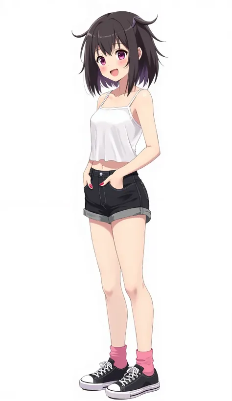 Japanese anime adolescent woman with straight medium-length black hair Two short pigtails and locks and intense magenta eyes and red nails and wears a white top with thin straps without bare abdomen sleeves and black denim shorts and pink socks and wears b...