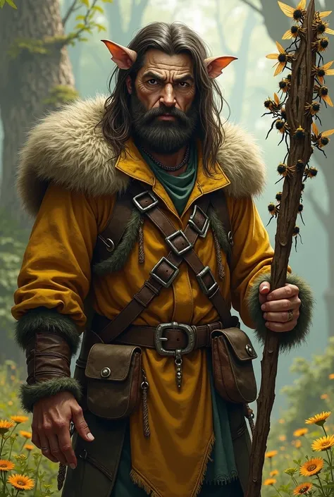 A human druid with some feral facial characteristics and a bee thematic. He uses a very rustic and notched staff with many little insects crawling on it. Warm rustic medieval travel clothing. Rpg art style.