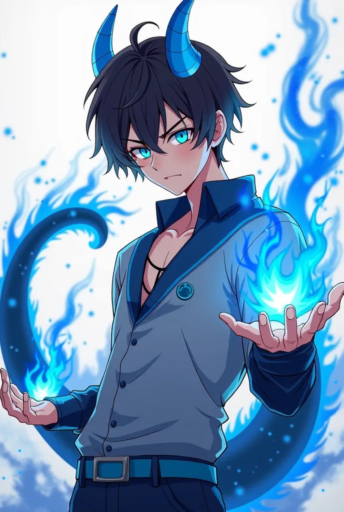 19-year-old boy with short dark brown hair, black dragon tail with bright blue tip, bright blue black horns, Blue fire in the hands, anime style full body image  