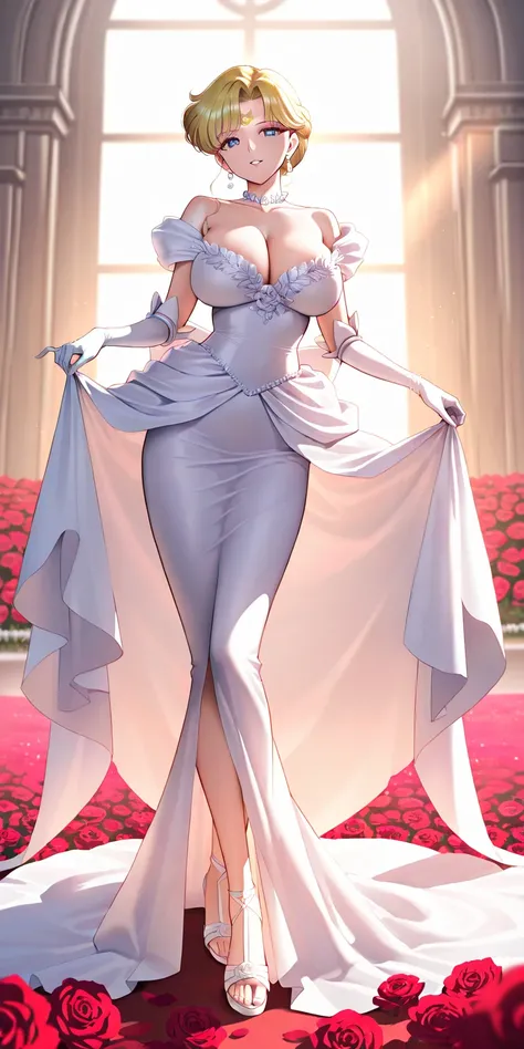 Masterpiece, elegant mature woman, usagi tsukino\(sailor moon\), tall body, big breast, white princess gown, white gauntlets, white strappy sandals, full body, parted lips, smile, field of roses, dynamic lighting, ultra detailed, highres, absurdres, usagi ...