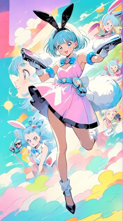 " Dragon Ball Bulma transformed into a kawaii bunny ,  with her characteristic bright blue and short hair ,  long and fluffy ears in white or pink ,  large, expressive eyes with bright reflections , wearing a tight bunny bodysuit in shades of blue and whit...