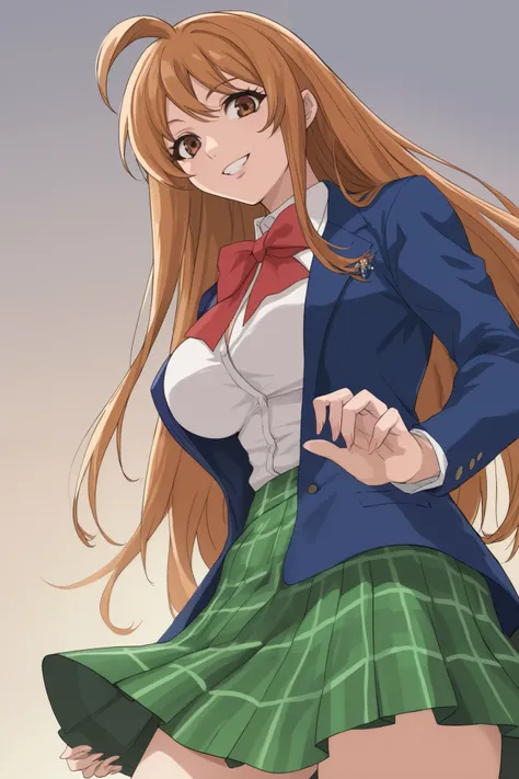 best quality,masterpiece,looking at viewer,absurdres,1girl,score_9,score_8_up,score_7_up,source_anime BREAK natsume aya,orange hair,long hair,brown eyes,ahoge,breasts,white ,skirt,bow,plaid,large breasts,jacket, plaid, green plaid skirt, blue blazer, stand...