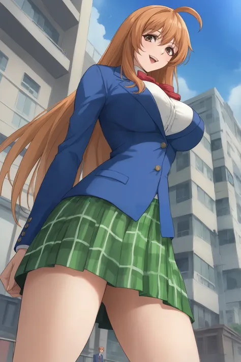 best quality,masterpiece,looking at viewer,absurdres,1girl,score_9,score_8_up,score_7_up,source_anime BREAK natsume aya,orange hair,long hair,brown eyes,ahoge,breasts,white ,skirt,bow,plaid,large breasts,jacket, plaid, green plaid skirt, blue blazer, stand...