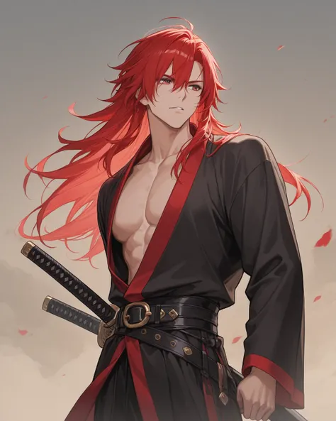 Man with long red hair you of pop and demon samurai he has two katanas on his belt 