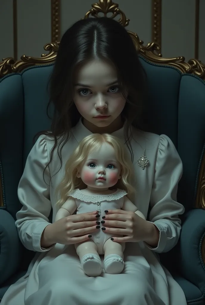  ,   ,  greyish blue eyes, holding a porcelain doll with blond hair, centered on a luxurious chair 