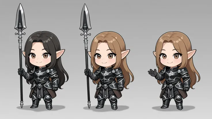 Draw only one character in the image, A chibi-style, two-heads-tall  girl with pointed ears and curl brown long hair. She is wearing a black leather armor She is handing a long spear with cross shaped, She is standing in a cute and confident pose, facing f...