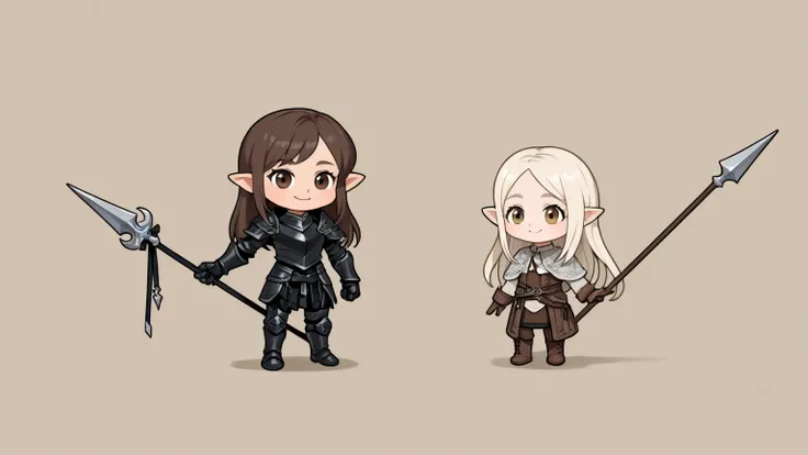 Draw only one character in the image, A chibi-style, two-heads-tall  girl with pointed ears and curl brown long hair. She is wearing a black leather armor She is handing a long spear with cross shaped, She is standing in a cute and confident pose, facing f...