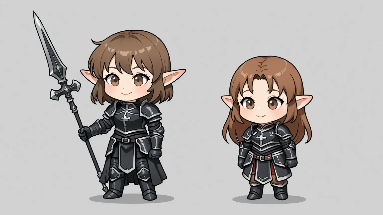 Draw only one character in the image, A chibi-style, two-heads-tall  girl with pointed ears and curl brown long hair. She is wearing a black leather armor She is handing a long spear with cross shaped, She is standing in a cute and confident pose, facing f...