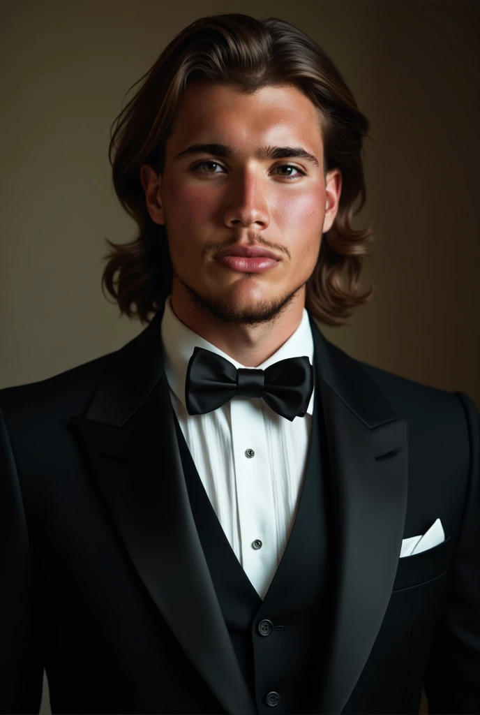 a beautiful and attractive young man with a beard, pale skin, blue eyes, and shoulder-length brown hair, wearing a black suit to celebrate his birthday, (best quality,4k,8k,highres,masterpiece:1.2),ultra-detailed,(realistic,photorealistic,photo-realistic:1...