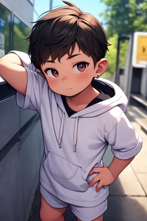 "A young boy with bright red short hair , bright skin, and the soft expression , wearing an oversized black jacket.  Has earrings in his left ear .  The boy pow pose.  The background is plain white ,  gives full focus to the character of the boy ,cute chib...