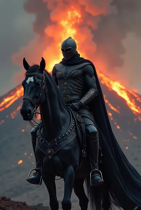 I want a masked and macho knight wearing a black dress and riding a black horse with a volcano behind which there is a volcano from which the bath and fire are rising