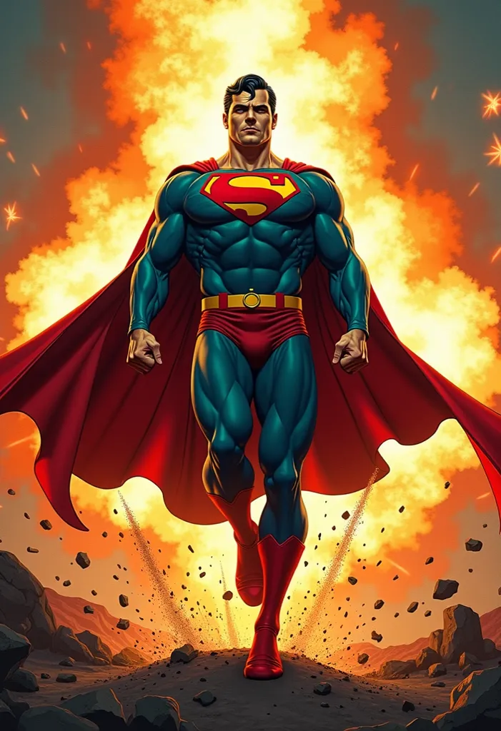  Superman, 1950s comics style, Land in the middle of an explosion,  one leg is touching the ground, The explosion fills the background, The layer is propelled upwards, The layer waves upwards