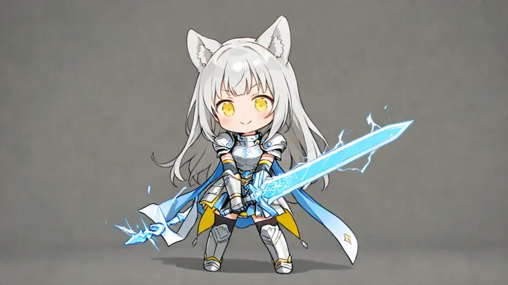  best quality, Alone,  フラット color,  color,  chibi , A chibi-style, two-heads-tall  girl with dog ears and long silver hair. She is wearing a metal armor with a long lightning sword. She is standing in a cute and confident pose, facing forward with a big, c...