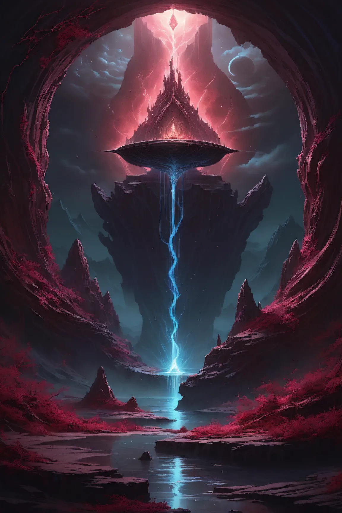 A surreal and highly detailed 8k HDR image, masterfully crafted in the style of Alena Aenami, featuring an ethereal scene centered around a dark magical ritual. At the heart of the composition lies a chalice adorned with intricate engravings, glowing faint...