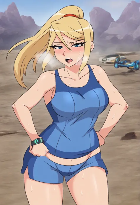 masterpiece, absurdres, highres, 4k, archdan, 1girl, samus aran, blonde hair, ponytail, blue eyes,, looking at viewer, cowboy shot, outdoors,, blue tanktop, , blue gym shorts, blue shoes, hands on hips, out of breath, sweaty, open mouth, half shut eyes, th...