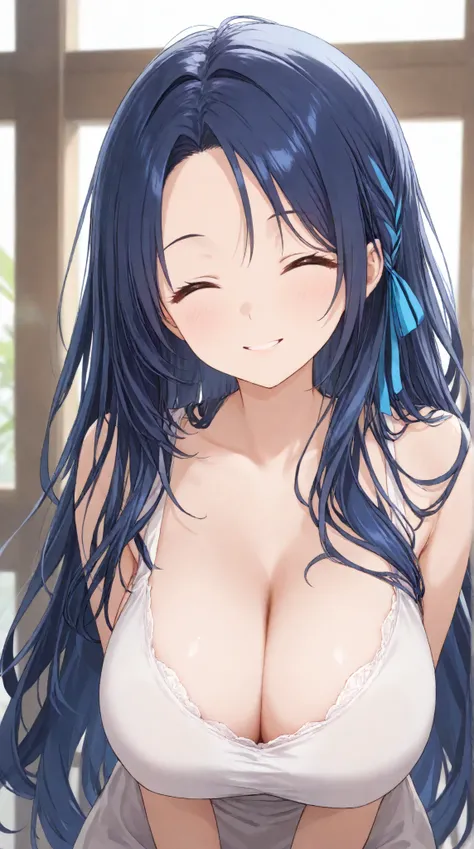 Big Breasts,   long hair,   black hair , bangs,    ,  smile,  ,  smiles,   , （One girl 1.5）, blue hair ribbon、（ 1.5）solo、