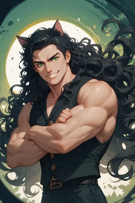 Anime beast man ,in the woods ,long black hair ,green eyes, muscles, slender, handsome ,black vest , Masterpiece, Very Long Hair, Wavy Hair, Cat Ears, Closed Mouth, Grin, Dutch Angle, Abstract, 