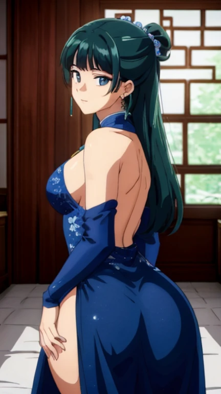 Highest quality (8k, High resolution, masterpiece: 1.2), Very detailed, Anime art style, Dynamic Angle,  Style, (China dress, Exposed shoulders, Earrings, indoor,), Detailed green hair, Detailed blue eyes, Complicated hairstyle, Long Hair , The body is sli...