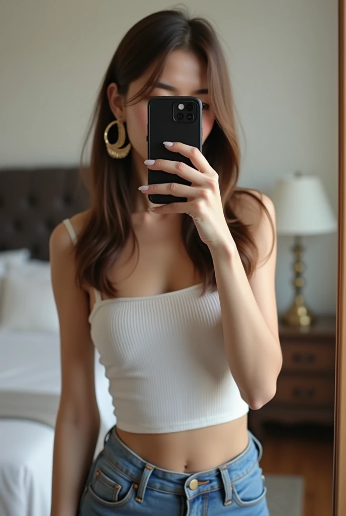 very realistic image, girl taking a photo in front of the mirror, straight hair, face hidden , dress tight to the body. in the background a room with the bed in the blurred background 
pose, photo in the mirror medium brown straight hair big hoop earrings,...