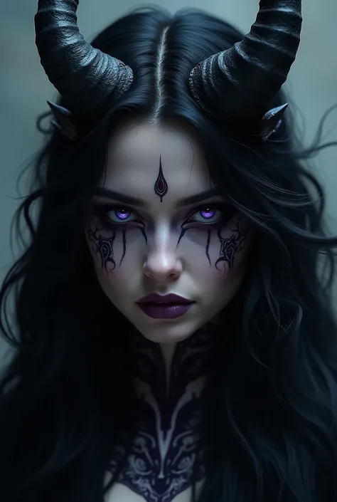 A woman who has black hair and horns , She has purple eyes and animated dark makeup 