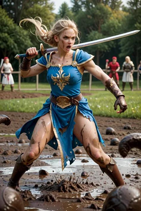 A blonde, fair skinned young warrior princess being ambushed, fighting for her life, sword in hands, clothes all ripped apart, in tatters, covered in mud, struggling but winning the fight.