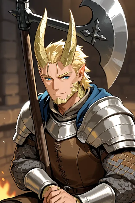 Make me a strong man with dragon scales in medieval style with a halberd 