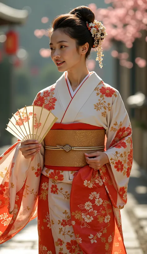 A beautiful 20-year-old Japanese woman walks gracefully, wearing an elegant traditional kimono inspired by the rich culture of Japan. She has an ideal physique, moving with poise and elegance, exuding an air of quiet confidence and refinement. Her delicate...