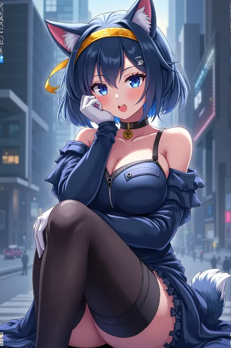 Create a High resolution, best quality, anime girl with thigh highs, thick thighs, bare shoulders, gloves,blue eyes,wolf cut hair, newest, cyber cityscape, choker, a little bit chubby, realistic, hand on own face, sitting, white glove, caution tape headban...