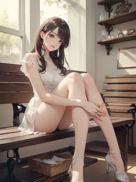 ( masterpiece,   beautiful,hughres,CG,8k,16k,   top quality with beautiful eyes,    HIGH RESOLUTION ON THE BENCH  ,   Fine fingers   ,  Hand Details   , detailed legs,  [Photo details:1.5),  Seen from a reclining sofa  , alone,(woman&#39; in the room,  sty...