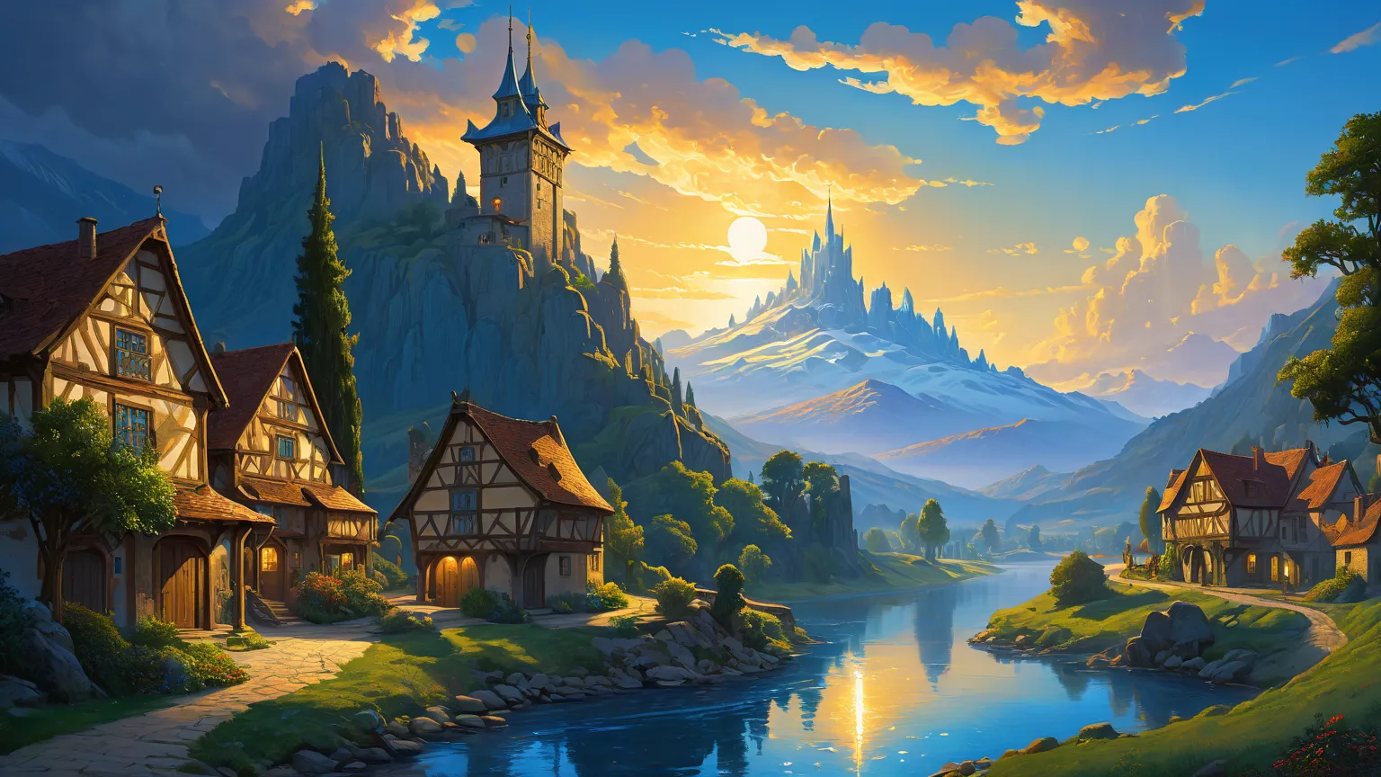  Sunrise in a small medieval village. ( A large mansion in the middle of a medieval street in a very small medieval town), (in the sky — a blue comet ),  small mountains in the background , rays of light make their way through the clouds,  very detailed oi...