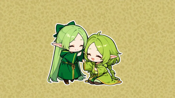 Draw only one character in the image.  best quality, Alone,  フラット color,  color,  chibi , A chibi-style, two-heads-tall  girl with pointed ears and long green hair. She is elf. She is wearing a green short robe adorned with magical patterns She has a bow a...