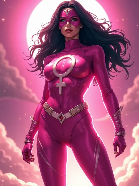 A superhero with black hair wearing pink and the woman's symbol on the cover