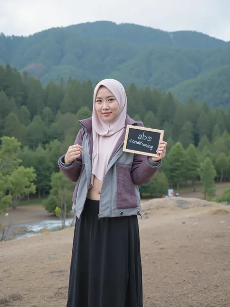 A beautiful Indonesian young woman with hijab and veil, wearing winter jacket, beautiful perfect abs muscular, long large  skirt, in Mountain, rise holding a mini chalkboard that reads "abs conditioning".