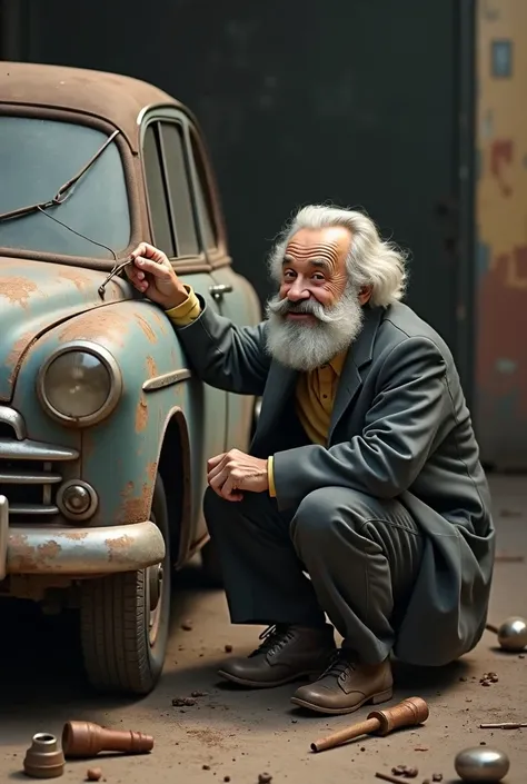 Karl marx répare le pare-brise d'une voiture en souriant. Il porte une casquette bleue et regarde l'objectif 