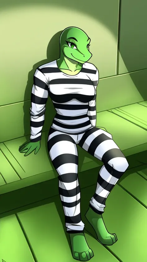 Solo, female, scalie, green eyes, lizard, smiling, green skin, green body, muscular, detailed hands, ((priclothes)), ((striped clothes)), prisoner, clothes, clothing, outfit, shirt, long sleeves, pants, full body, sitting, cross legs, black and white strip...