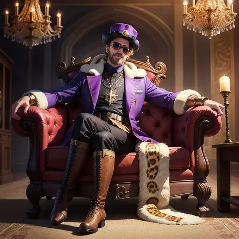 portrait of a pimp sitting in plush fantasy couch, (inside medieval brothel background), score_9, score_8_up, score_7_up, leather boots, medieval purple trenchcoat, (holding walking cane with bronze decoration), purple wide-rimmed hat, (leopard fur hat), 1...