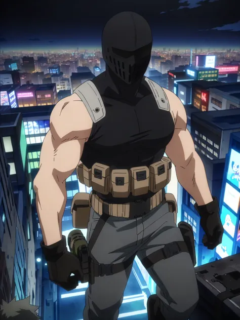 (masterpiece, best quality, anime, anime coloring:1.3, superhigh res). (((Muscular man wearing black boots, skinny jeans, muscle white tank top, black biker gloves, fullface black tactical balaclava, and polarised black airsoft tactical visors on top, no e...