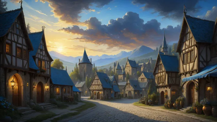 Sunrise in a small medieval village. (In the middle of the center is a large mansion in the middle of a medieval street in a very small medieval town), (in the sky — a blue comet ),  small mountains in the background , rays of light make their way through ...