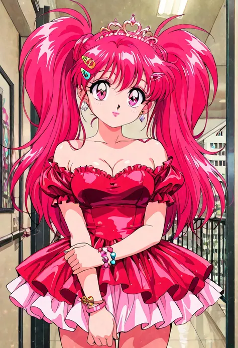 1girl, solo, masterpiece, best quality, (anime art style:1.0), off the shoulder dress, layered dress, short sleeves, ruby red dress, pink and gold tiara, soft pink lips, diamond earrings, pink hair, round breasts, beautiful girl, 1990s ShoujoManga Anime St...