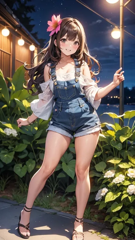 1_girl, solo, Maki: ore no imouto ga konna ni kawaii wake ga nai, 25-yers-old girl with wavy brown hair wearing sexy denim overalls shorts and flower pattern bikini top with sandals cove at night, smiling,                       stands confidently with both...