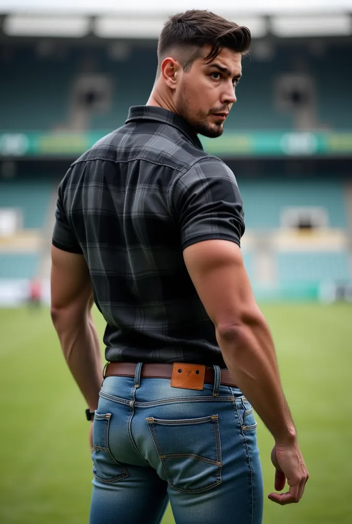  Realistic photograph , 30-year-old muscular (((athletic man))) , , View from below,  in profile, dark and dark gray Oxford shirt de cuadros and very tight light faded blue jeans, brown belt,  in profile, Big butt, viendo a cámara,  black eyes,, at the sta...