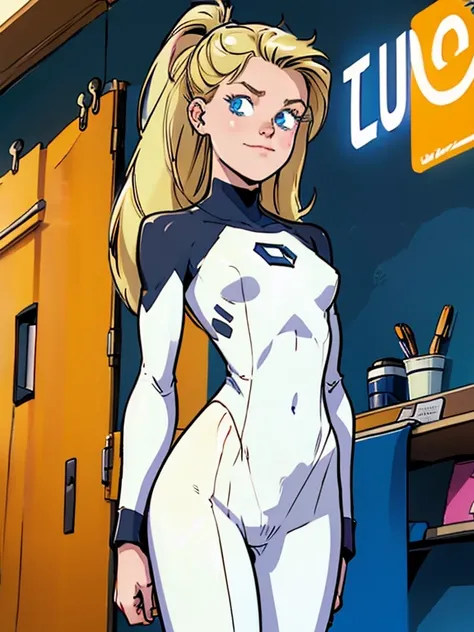 Valeria richards, blue fantastic four costume,
cute blonde girl, hair, long ponytail,
very big blue eyes, smirk,
very skinny, shiny skin, thin body, slim waist, slender, lean,
score_9, score_8_up, score_7_up, score_6_up, resolution BREAK, masterpiece,best ...