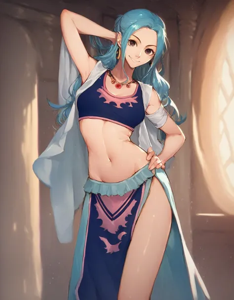 nefertari-vivi
1girl, solo, 
dancer-outfit, necklace, 
smile, one hand behind head, one hand on hip, armpit, midriff, legs, navel, deep navel, room
