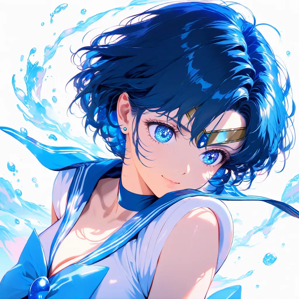 1 girl, sailor mercury, blue short hair, beautiful eyes, upper body, white background,  masterpiece, best quality, Ultra-detailed, high resolution, beautiful,